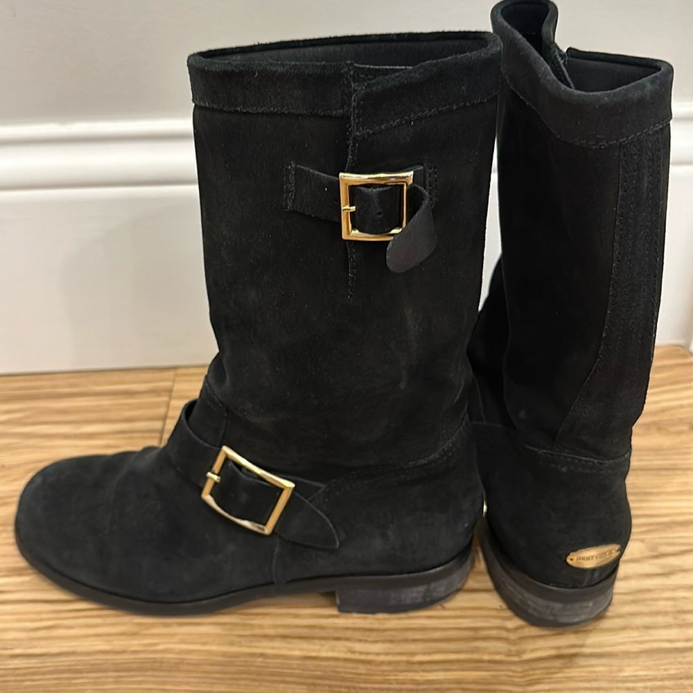 Jimmy Choo London Black Suede Leather Biker Pull On Moto Ankle Boots Womens 38